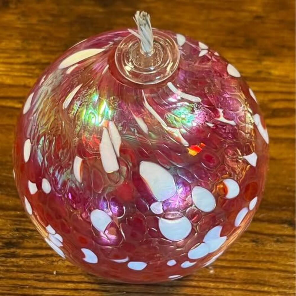 Vintage Iridescent Handblown Glass Oil Lamp – Cranberry Confetti Glass Unused